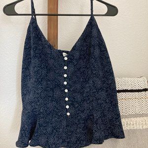 Dark Blue White Dots Button Down Ruffle Bottom Ruched Back